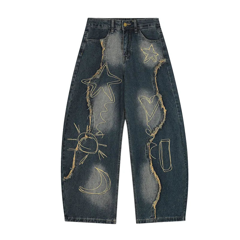 Men’s Constellation Hearts Faded Embroidered Baggy Denim Jeans