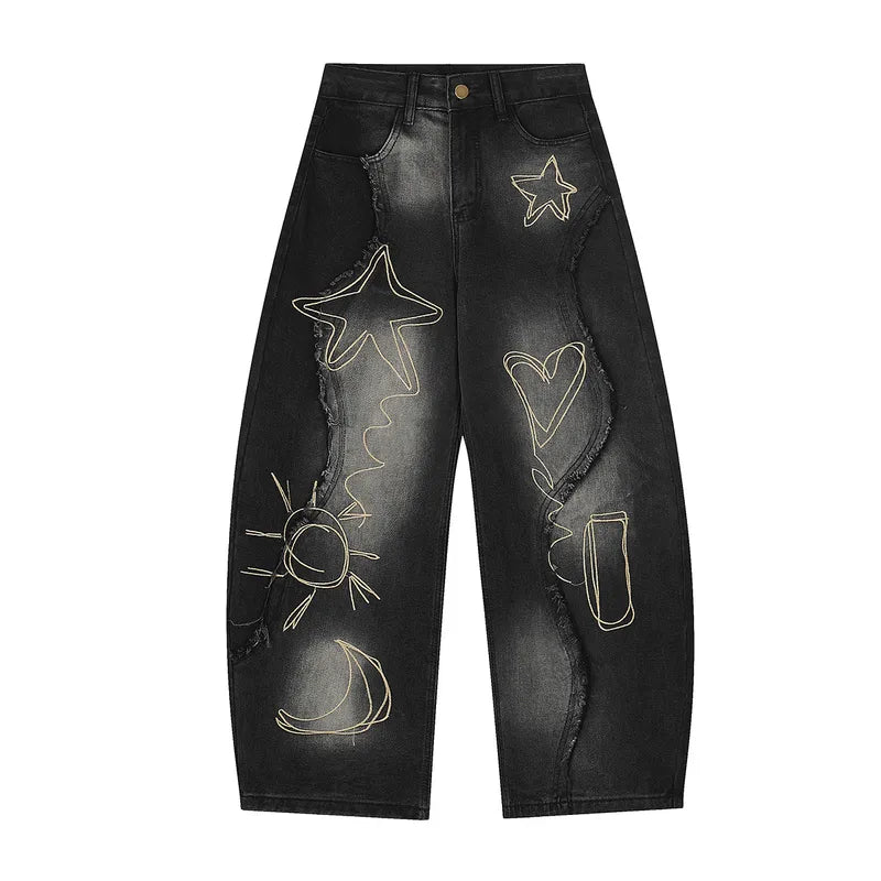 Men’s Constellation Hearts Faded Embroidered Baggy Denim Jeans