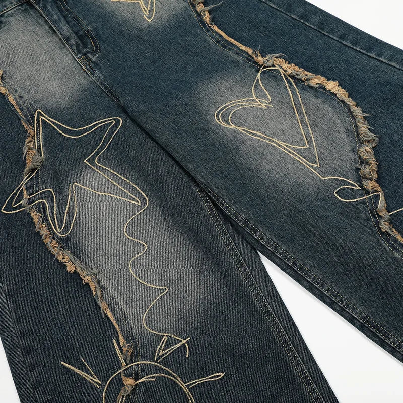 Men’s Constellation Hearts Faded Embroidered Baggy Denim Jeans