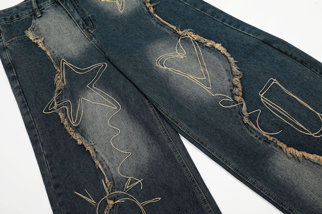 Men’s Constellation Hearts Faded Embroidered Baggy Denim Jeans