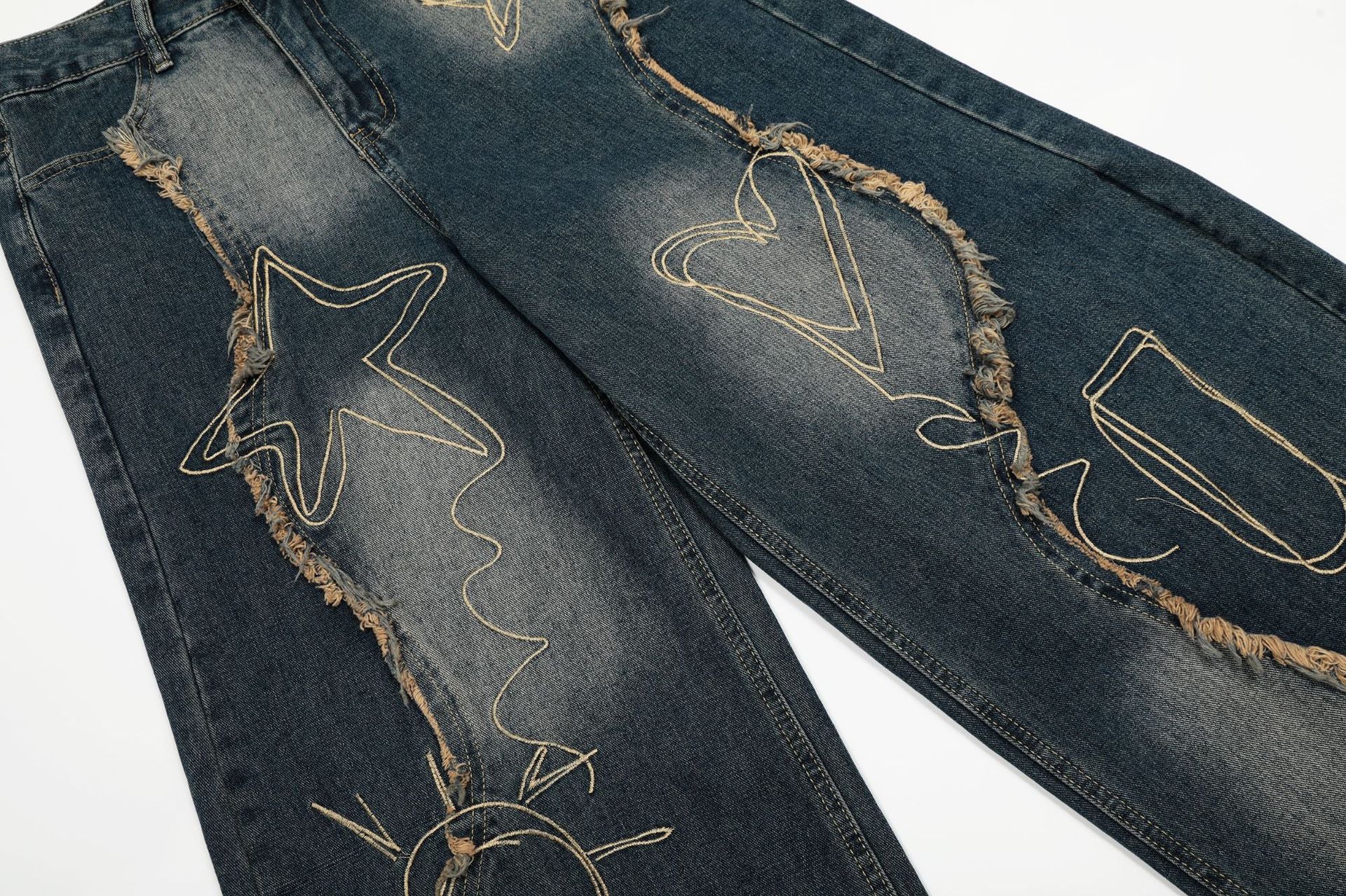 Men’s Constellation Hearts Faded Embroidered Baggy Denim Jeans