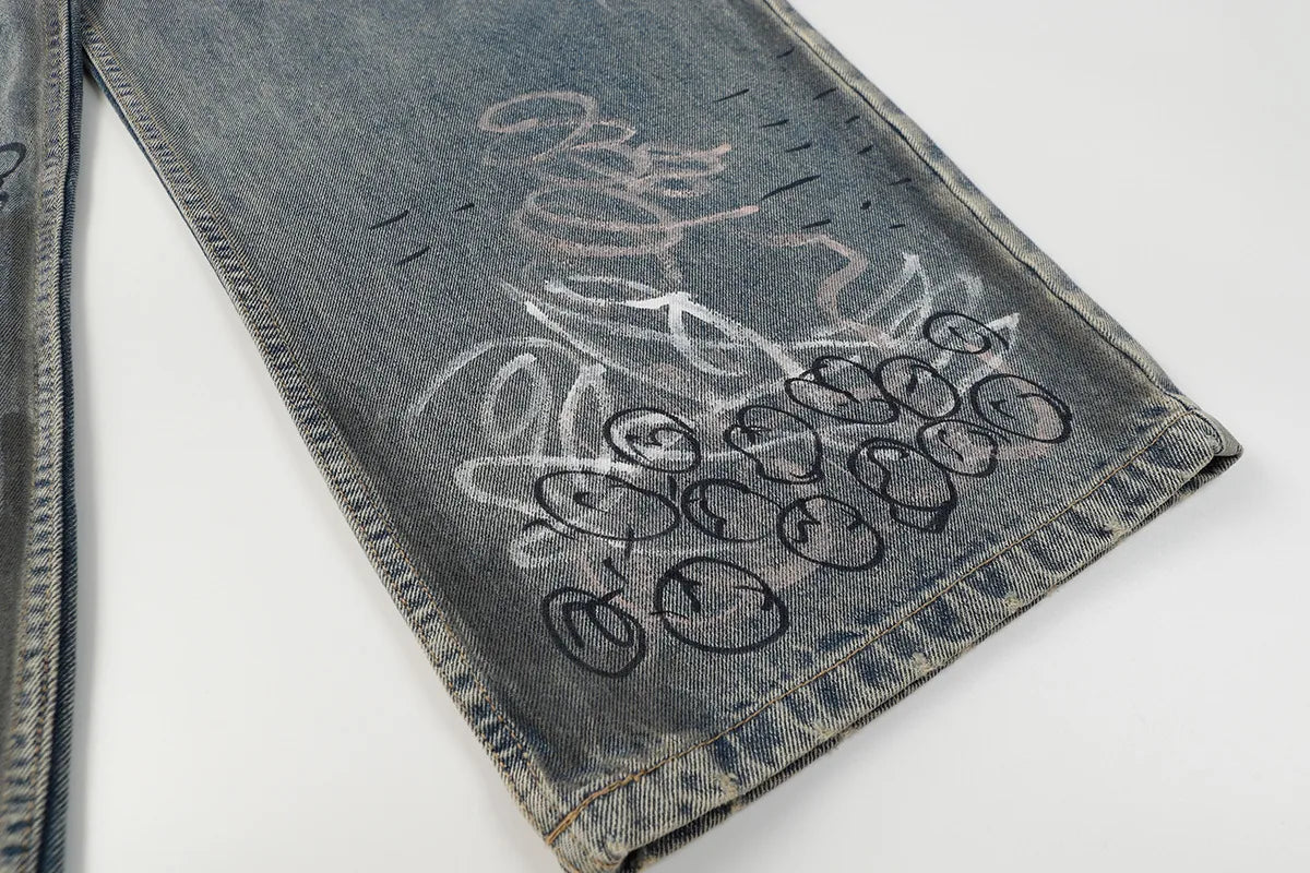 Men’s Graffiti Faded Embroidered Straight Cut + Baggy Denim Jeans