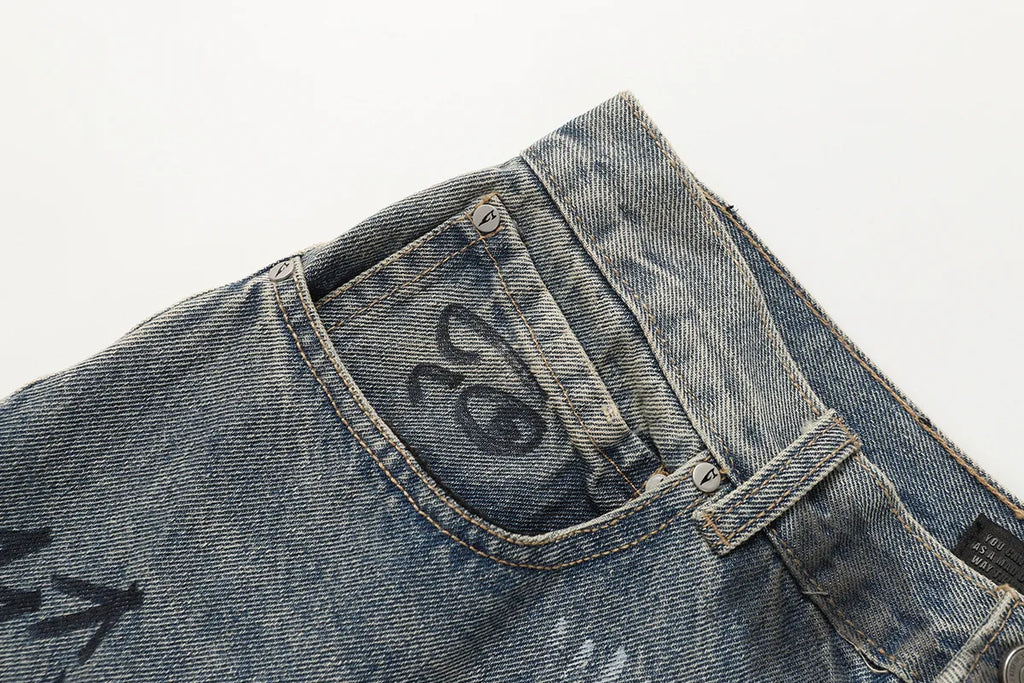 Men’s Graffiti Faded Embroidered Straight Cut + Baggy Denim Jeans