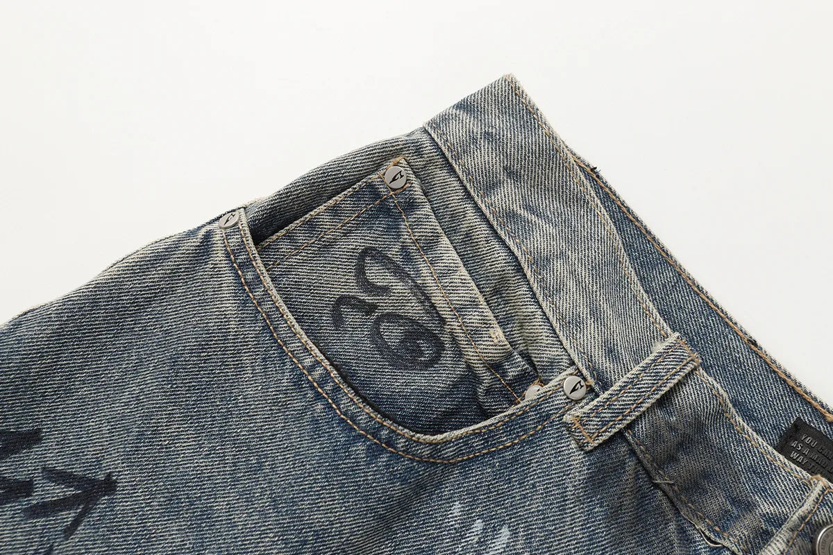 Men’s Graffiti Faded Embroidered Straight Cut + Baggy Denim Jeans