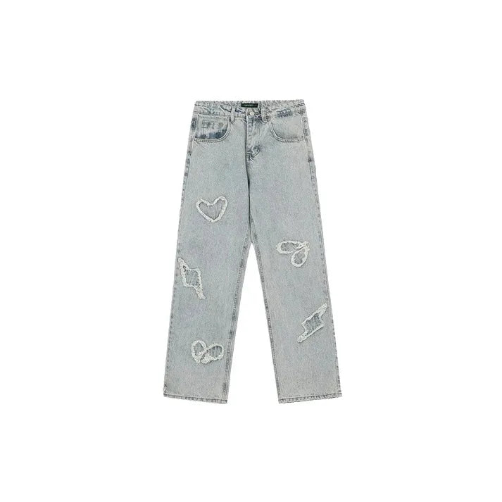 Men’s Hearts And Darts Faded Embroidered Straight Cut + Baggy Denim Jeans