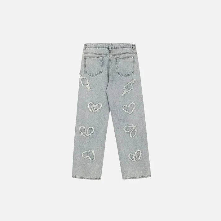 Men’s Hearts And Darts Faded Embroidered Straight Cut + Baggy Denim Jeans