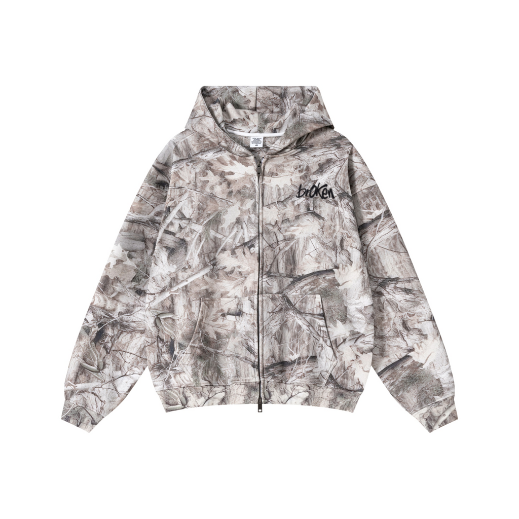 340GSM Unisex Heat Transfer Desert Camouflage Zip-Up Hoodie 	Branch Camouflage