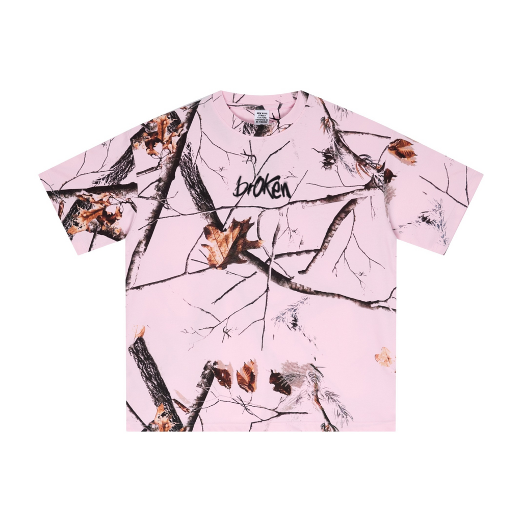 240GSM Unisex Relaxed Fit Tree Leaf Heat-Transfer T-shirt Light Pink